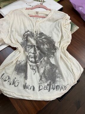 Magnolia Pearl. Rare. Beethoven Graphic Henley Tee - Cream with Gray Print